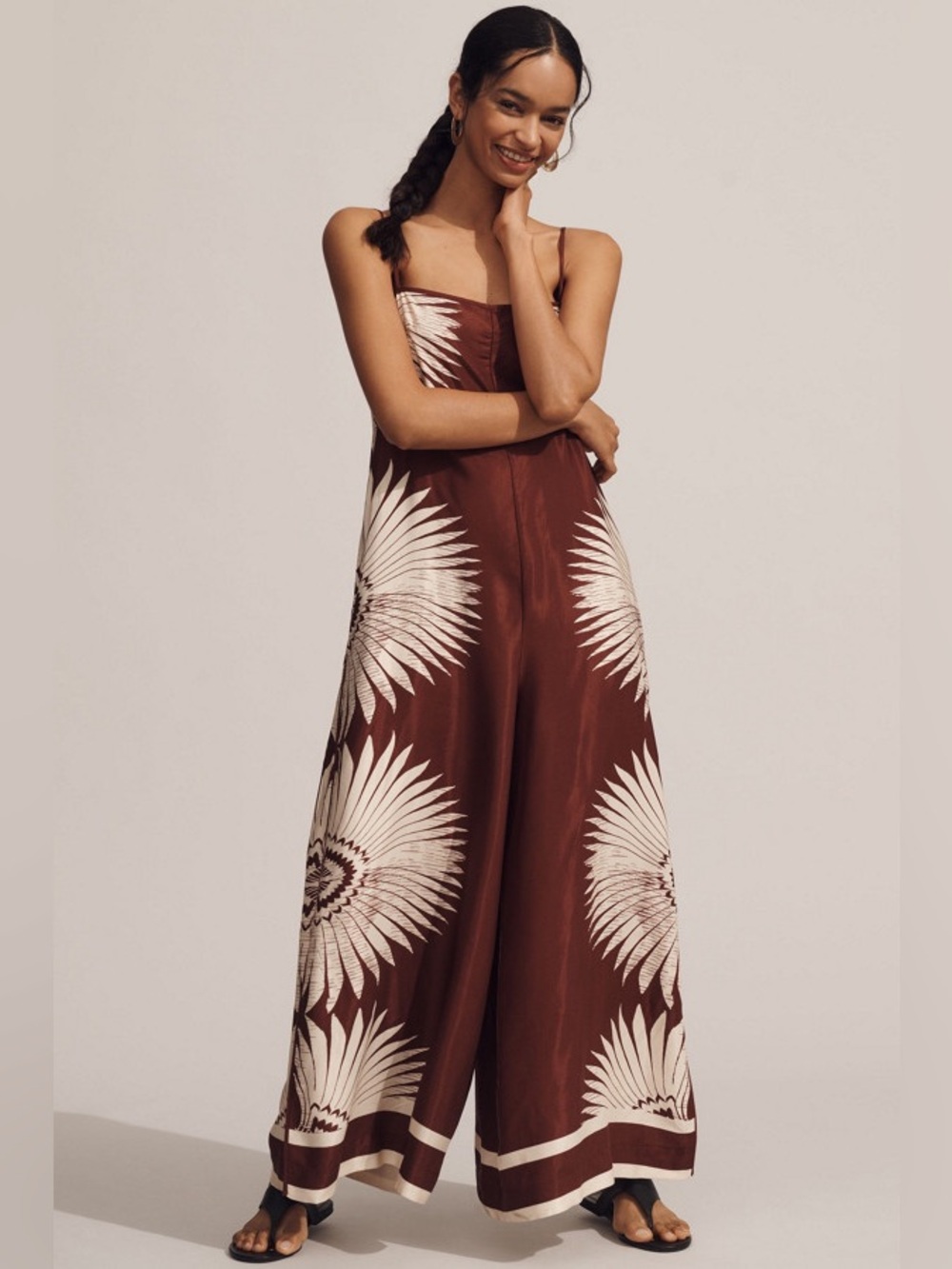 Anthropologie Boho Palm Print Jumpsuit Wide Leg Side Tie  Function & Fringe Edit